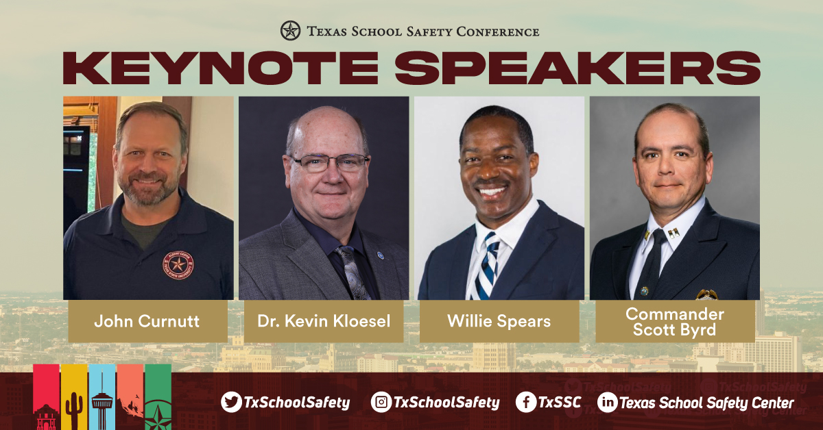We are honored and excited to announce the 2024 Texas School Safety Conference keynote speakers: John Curnutt, Dr. Kevin Kloesel, Willie Spears, and Commander Scott Byrd. Just a few spots remain. Visit txssc.txstate.edu/events/tss-con… to learn more and register! #TSSConf #SchoolSafety