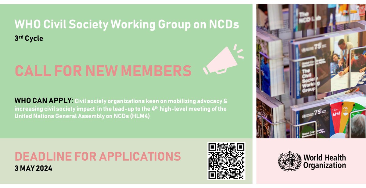 🌟Exciting news! @WHO is looking for civil society organisations to join the third cycle of the WHO Civil Society Working Group on #NCDs. 🗓️Deadline for applications: 3 May Learn more details and apply here 👉 knowledge-action-portal.com/en/news_and_ev…