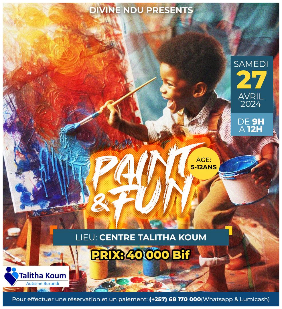 🎨 PAINT &amp; FUN 🎉 
Avec l'artiste @divine_ndu_257
🗓️ 27 AVRIL 9-12h
‼️ Réservation et paiement Lumicash
📞 68 17 00 00
<a href="/burundionthemap/">Burundi On The Map</a>
<a href="/bestof257/">Best of Burundi</a>
#2avril #autisme #moisdelautisme
#troubleduspectredelautisme #TSA #Acceptation #sensibilisation
#inclusion #education #autismeburundi