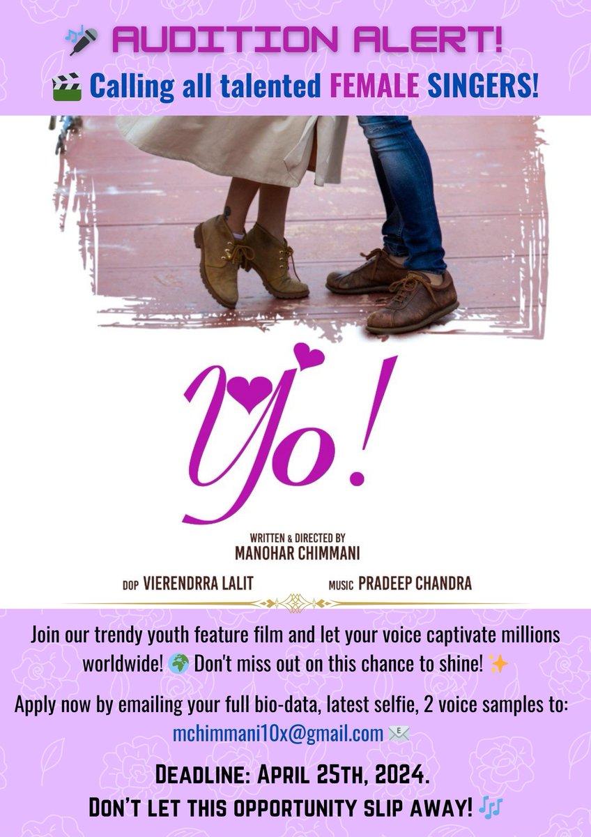 MChimmani's tweet photo. Don't miss out on this chance to shine...
#Audition #FemaleSingers #FilmOpportunity
#Yo #YoTeam #YoMusic #PradeepChandraMusical #ManoharChimmani #ManutimeMovieMission https://t.co/1bY7PvgEFO