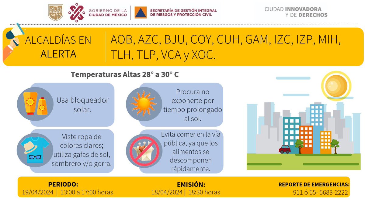 #TomaNota Ante el pronóstico de altas temperaturas ☀️ para este viernes 19 de abril, entre las 13:00 y las 17:00 horas, la @SGIRPC_CDMX emitió #AlertaAmarilla para #Iztapalapa. Sigue estas recomendaciones 👇🏻 y cuida tu #salud.