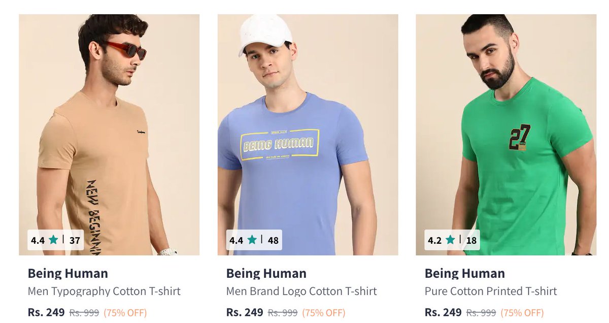 #Myntra 

Being Human - Men's Clothing -  Flat 75% Off  💥

Tshirts : myntr.it/PiKPrgo
Jeans : myntr.it/36NZ1xi
Shirts : myntr.it/J5flyzr
Sweatshirts : myntr.it/viIy9i0
Trackpants & Trousers : myntr.it/d9Pw46F