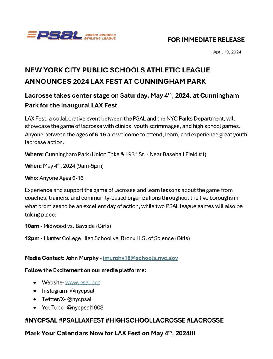 The PSAL is proud to announce LAX Fest! It will be a full day of exciting clinics, youth scrimmages, and two PSAL league games to highlight an excellent day of lacrosse. Make sure to come by on Saturday, May 4th at Cunningham Park in Queens. #laxfest #psallacrosse #lacrosse