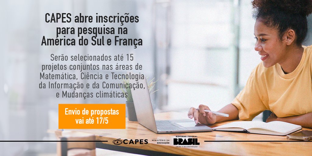 Instituições de ensino e pesquisa do Brasil têm até o dia 17/5 para apresentarem projetos de pesquisa. A CAPES investirá até R$ 6,4 milhões ao longo dos dois anos de duração dos projetos. Saiba mais: capes.gov.br/gLLlX #MATH_AmSud #STIC_AmSud #CLIMAT_AmSud