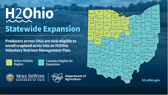 ➡ <a href="/ohioagriculture/">ODA</a>'s <a href="/H2Ohio/">H2Ohio</a> incentive program is now firmly established in northwest Ohio, giving us the opportunity to take this program to other parts of the state! Enrollment for row-crop producers who farm in the 64 counties outside of Ohio’s Western Lake Erie Basin will