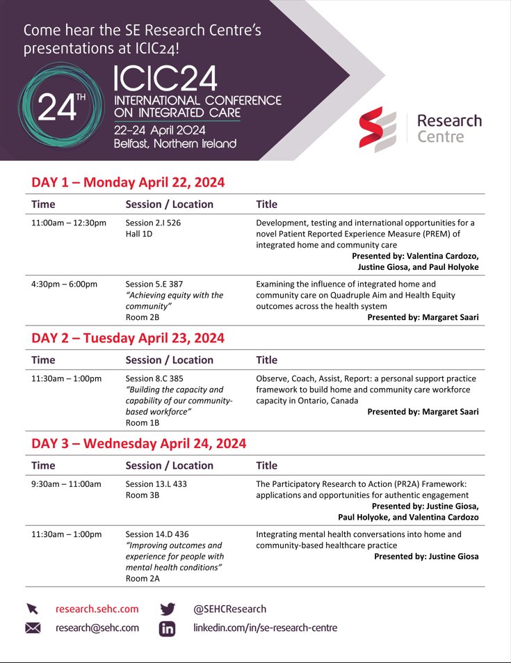 📢 Just 3 days until #ICIC24 @IFICInfo @BelfastICC! Here are the #IntegratedCare topics for our 6 sessions: 1⃣ #PatientExperiece, 2⃣ #QuadrupleAim & #HealthEquity, 3⃣ Comprehensive #Assessment #Frameworks to support 4⃣ #ParticipatoryResearch 5⃣ #TeamPractice & 6⃣ #MentalHealth.