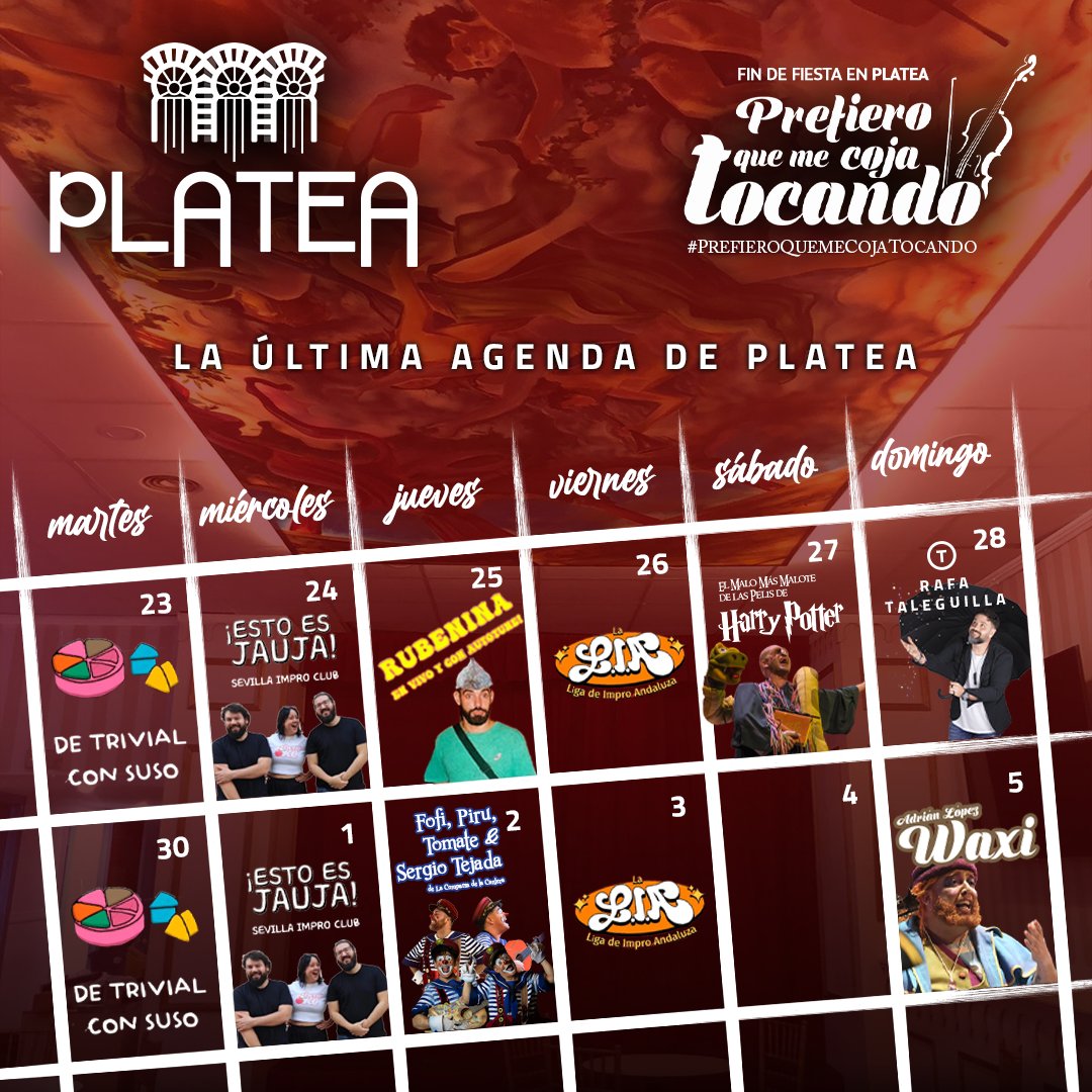 ...Y si voy a morir, #PrefieroQueMeCojaTocando 🎻 Vente al Fin de Fiesta de 𝐏𝐥𝐚𝐭𝐞𝐚 con nuestra completísima última agenda: trivial, impros, actuaciones en directo y, como no, 𝐂𝐀𝐑𝐍𝐀𝐕𝐀𝐋 🎟️ giglon.com/salas?idSala=p… 🎟️ giglon.com/todos?idEvent=… 🎟️ entradium.com/events/rafa-ta…