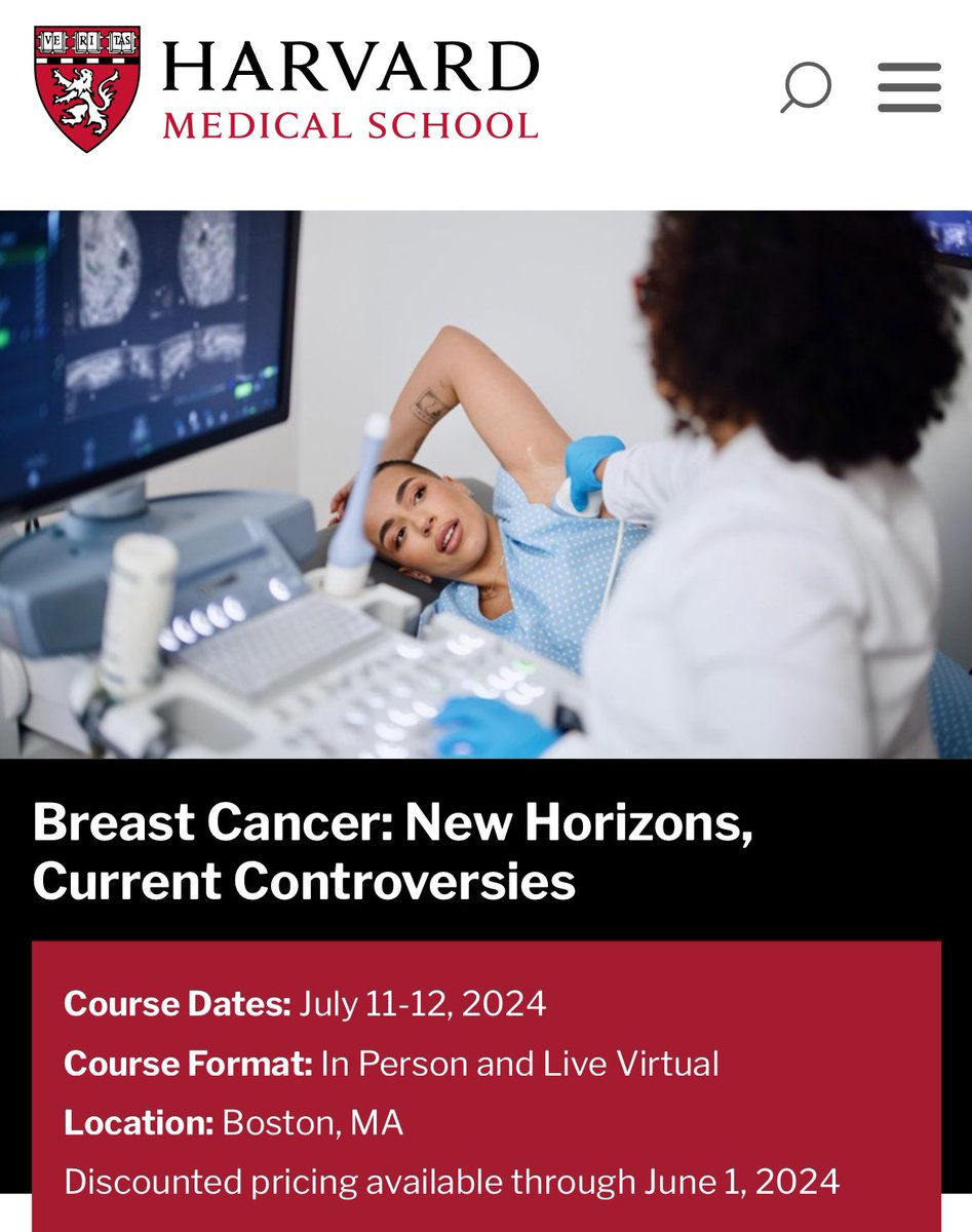 The unmissable @Harvard breast cancer course is coming back on July 11-12, featuring a terrific faculty and a keynote lecture by @prat_aleix. Make sure to join us, in person or virtually! cmecatalog.hms.harvard.edu/breast-cancer-…