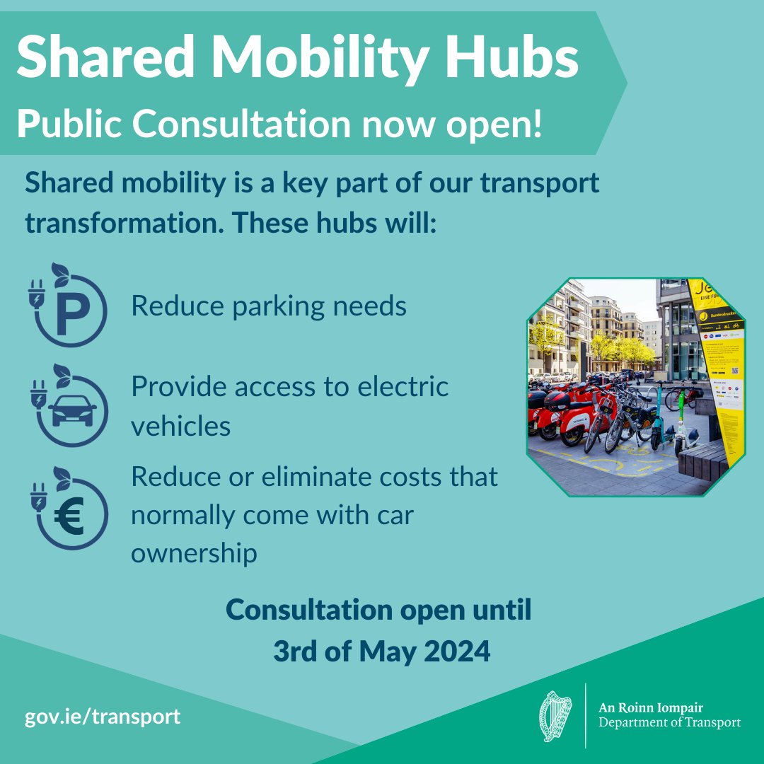 🚲🛴 Public Consultation on Shared Mobility Hubs now open Shared mobility services will help people to leave the car at home in favour of more sustainable transport choices by making services more widespread and accessible. 👉 Find out more: bit.ly/4a3B3ev