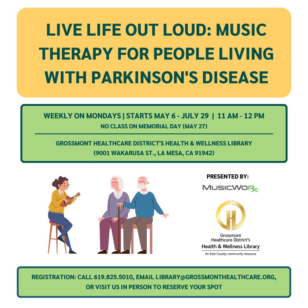 GrossmontHealth's tweet photo. NEW PROGRAM | We're excited to announce a new offering for people living with #ParkinsonsDisease and their care partners. Attend this 12-week therapeutic music program starting 5/6 - 7/29, weekly on Mon. Contact @GHDHealthLib to reserve a spot. https://t.co/Bem6liK3BK https://t.co/V6uugrjqwT