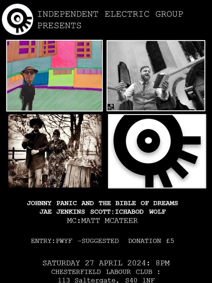 IEG returns to Chesterfield Labour Club next Saturday, with Johnny Panic and the Bible of Dreams, and Jae Jenkins Scott. 
Hope to see you there x