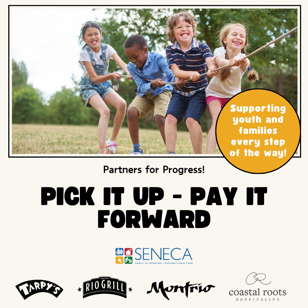 Make sure to order take-out from Tarpy's Roadhouse, @Montrio_Bistro & @RioGrill for the rest of April to support Coastal Roots Hospitality's #PickItUpPayItForward campaign! 10% of your order supports #SenecaFOA in providing crucial services for children & families. 💸👨‍👩‍👦‍👦