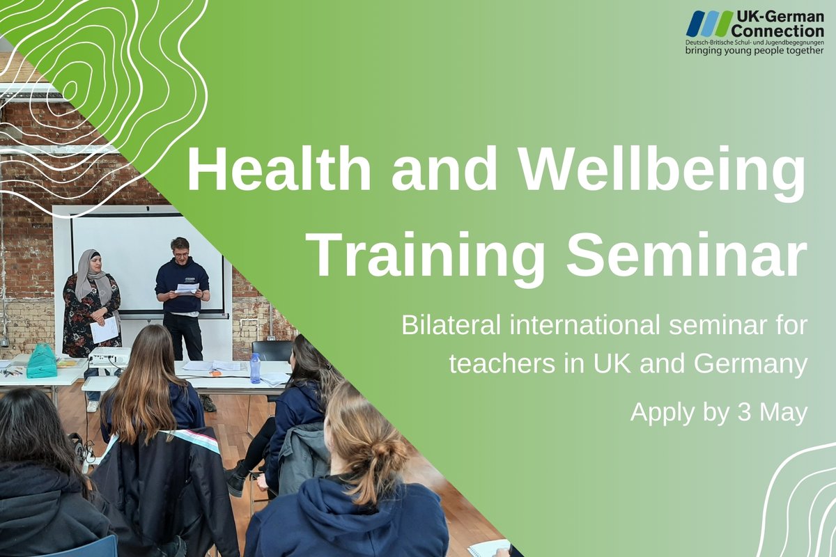 Reminder - applications are open for the bilateral health and wellbeing training seminar! For 🇬🇧+🇩🇪 teachers to explore aspects of health and wellbeing and devise strategies for wider school community. Details: 14-17 June, Birmingham Apply by 3 May: ukgermanconnection.org/pp/programmes/…