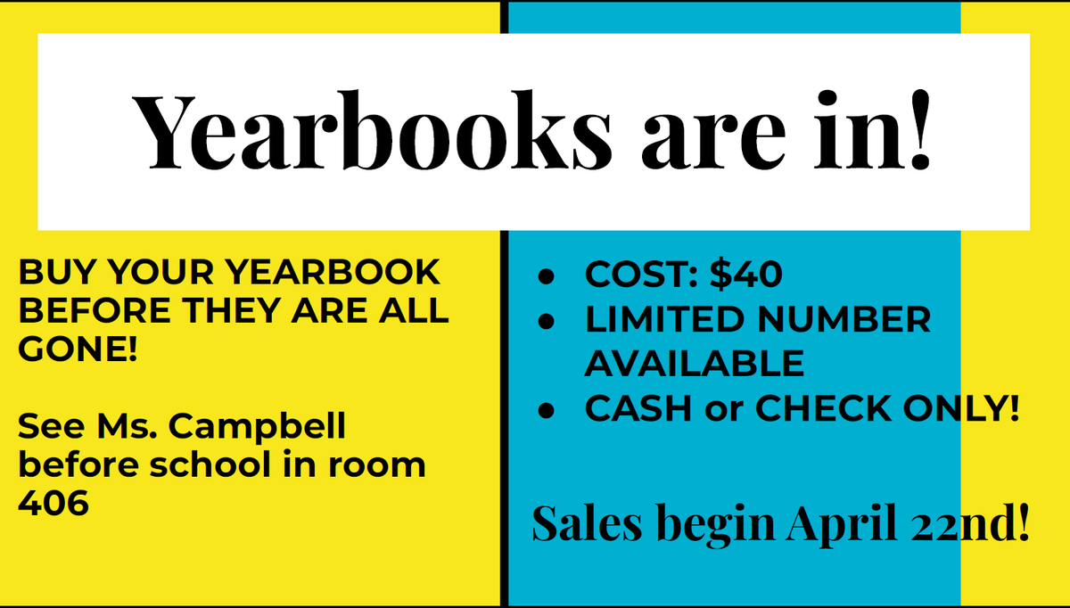 Attention Mustangs: Yearbooks are in! They will be sold/distributed to students beginning on 4/22 before school each morning. Cost is $40 – cash or checks only. Students who preordered can pick their books up in the mornings. Only a limited number of yearbooks are available!