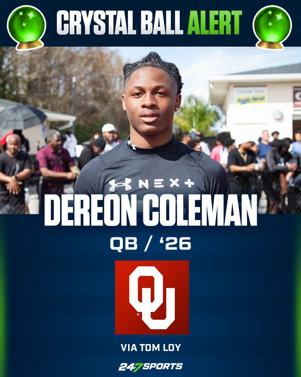 I've written that #Oklahoma is the likely leader for coveted, strong-armed class of 2026 quarterback Dereon Coleman for a while, but I feel great about their chances to land him following a great visit to check out the Sooners. The Crystal Ball is in. VIP Update: