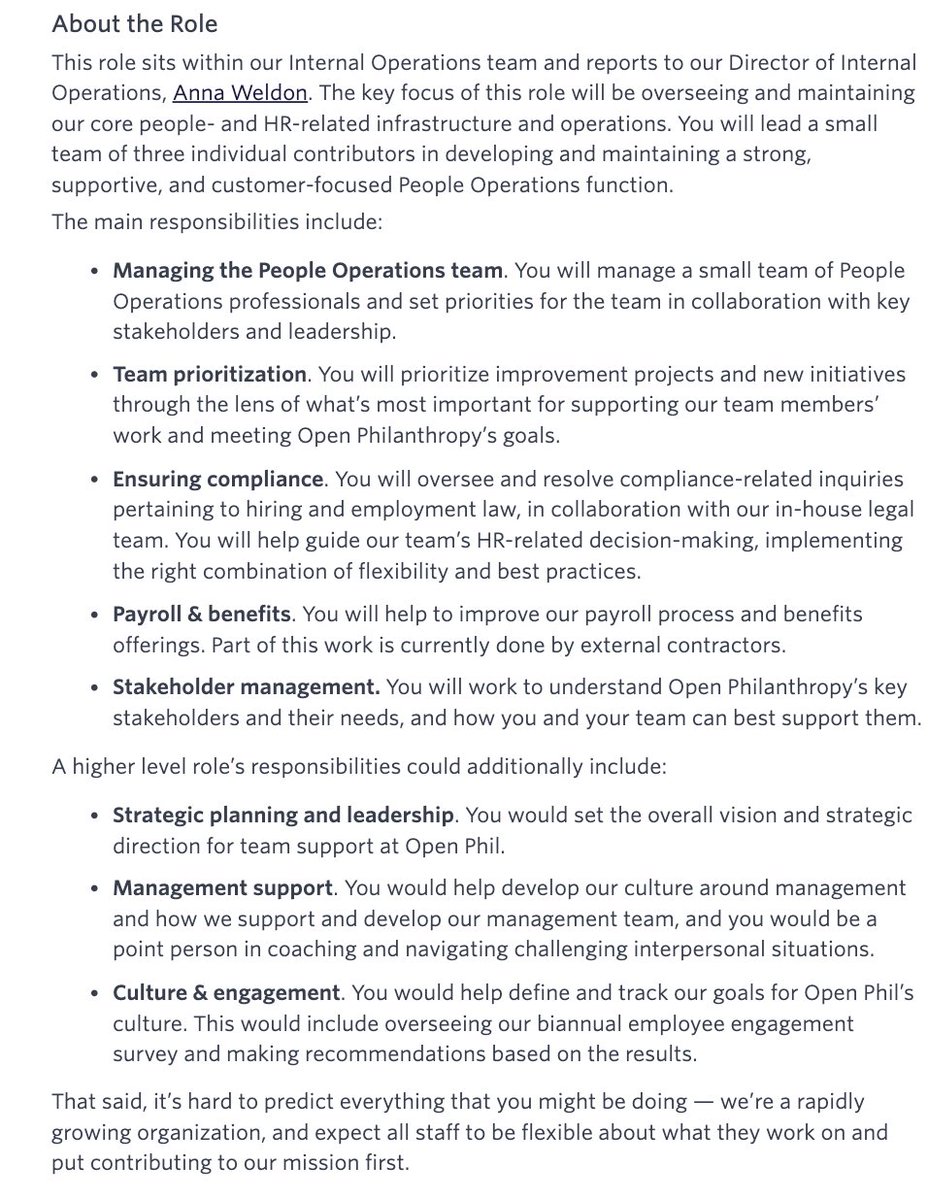 A reminder that today (4/19) is the deadline to apply to our People Ops Lead position! Apply by 11:59 p.m. PST. jobs.ashbyhq.com/openphilanthro… Please share widely; we'll offer you a reward if you refer someone we hire. openphilanthropy.slab.com/public/posts/o…