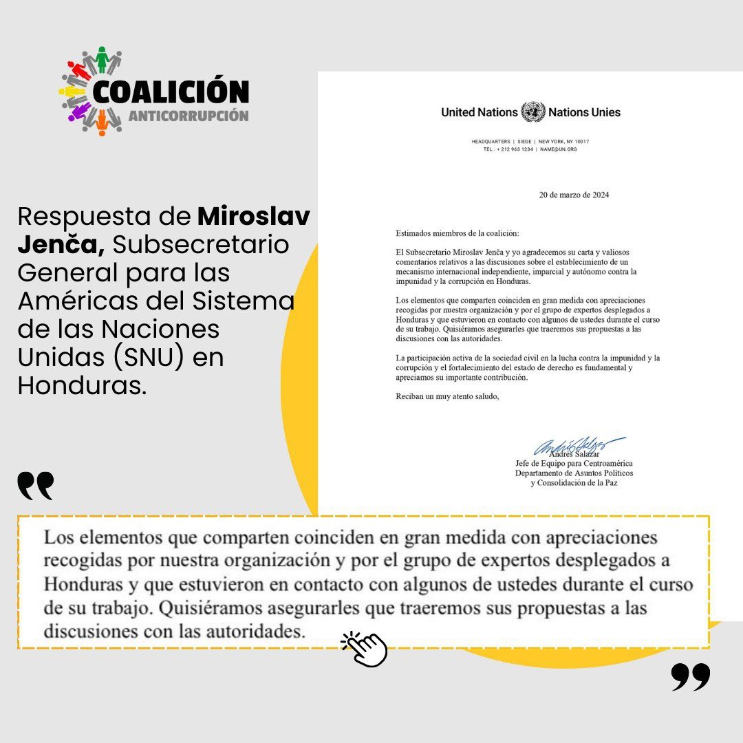 Nuestras gestiones ante el subsecretario gral. para la Américas de la ONU <a href="/JencaMiroslav/">Miroslav Jenča</a> están orientadas a elevar las propuestas de la sociedad civil para que se instale una CICIH independiente y autónoma que acelere las investigaciones y castigo de los corruptos
#NoMasImpunidad
