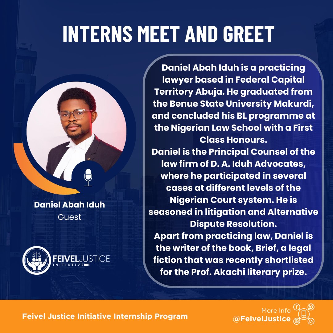 🌟 Join us for the Feivel Justice Initiative Internship Program 2024 Cohort Meet and Greet on April 20th, 10:00 AM - 12:00 PM! Featuring speakers Barrister Daniel Iduh Abah and Barrister Chinedu Isagbah. Connect, collaborate, and kickstart your legal career! #InternshipProgram