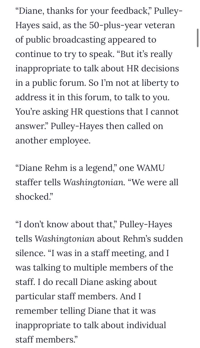 public radio legend Diane Rehm tried to ask WAMU leadership about the shuttering of DCist and their confusing, inconsistent messaging around it. They muted her microphone during an all staff call and then, when asked about it, pretended not to know what the reporter was talking