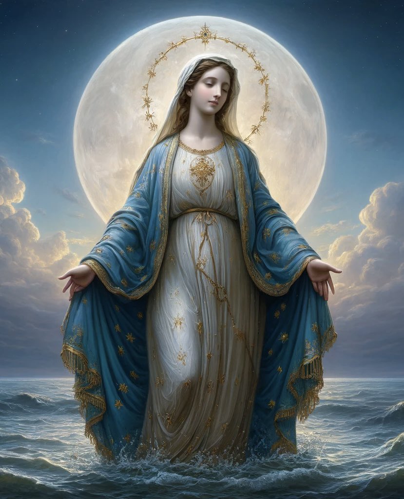 Our Lady, Star of the Sea

Gentle moonlight glows,  
Veil of blue, her grace bestowed—  
Star of sea, guide us.
#haiku