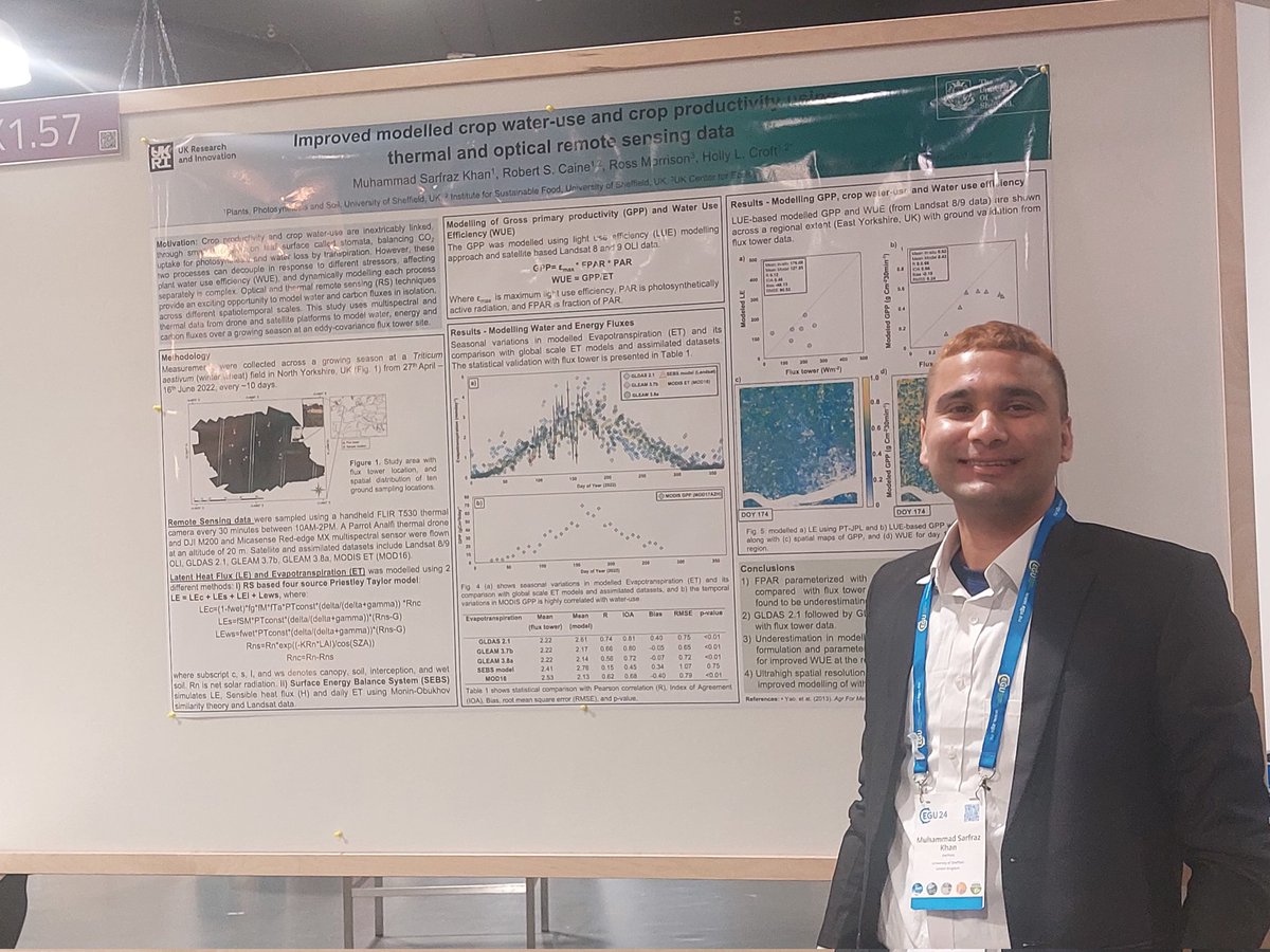 RobertCaine21's tweet image. And in the final poster session of #EGU24 @DrMuhammadSK92 is presenting his research on #evapotranspiration and #gpp modelling. Seeing this in progress has definitely been a labour of love - well done on the final product 👏 @DrHollyCroft #drones #models