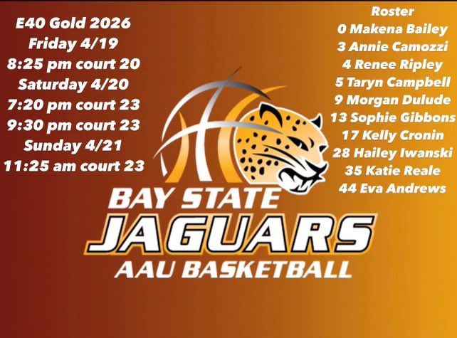 Makena Bailey (@makenabailey) on Twitter photo My 2026 E40 Gold Jags team! Come see us play. Cant wait to compete! <a href="/BayStateJags/">Bay State Jaguars</a> <a href="/LaurieBollin/">LAURIE BOLLIN</a> <a href="/katie_reale/">Katie Reale</a> <a href="/AnnieCamozzi2/">Annie Camozzi</a> <a href="/sophiegibbonss/">Sophie Gibbons</a> <a href="/EvaAndrews44/">Eva Andrews</a> <a href="/kellycronin55/">Kelly Cronin</a> <a href="/HaileyIwanski/">Hailey Iwanski</a> My 2026 E40 Gold Jags team! Come see us play. Cant wait to compete! <a href="/BayStateJags/">Bay State Jaguars</a> <a href="/LaurieBollin/">LAURIE BOLLIN</a> <a href="/katie_reale/">Katie Reale</a> <a href="/AnnieCamozzi2/">Annie Camozzi</a> <a href="/sophiegibbonss/">Sophie Gibbons</a> <a href="/EvaAndrews44/">Eva Andrews</a> <a href="/kellycronin55/">Kelly Cronin</a> <a href="/HaileyIwanski/">Hailey Iwanski</a>