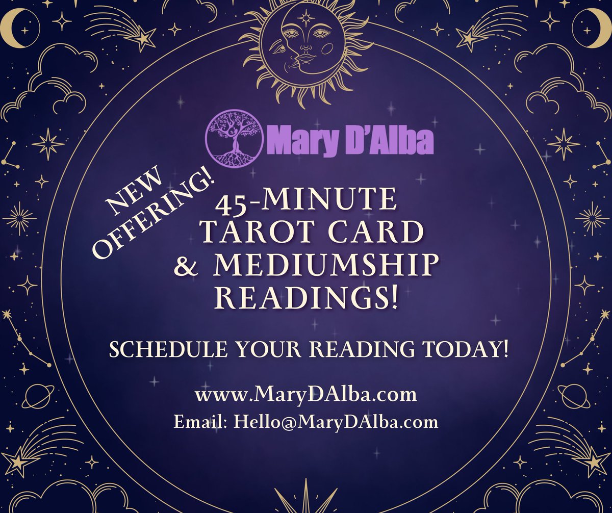 Visit my website MaryDAlba.com to book 45-minute Tarot Card and Mediumship Readings!

#guide #MaryDAlba #Tarot #psychic #PsychicMedium #spirituality #spiritualjourney #spiritualawakening #spiritual #virtual #love #letstalk #tarotreading #tarotcards #witch #peace