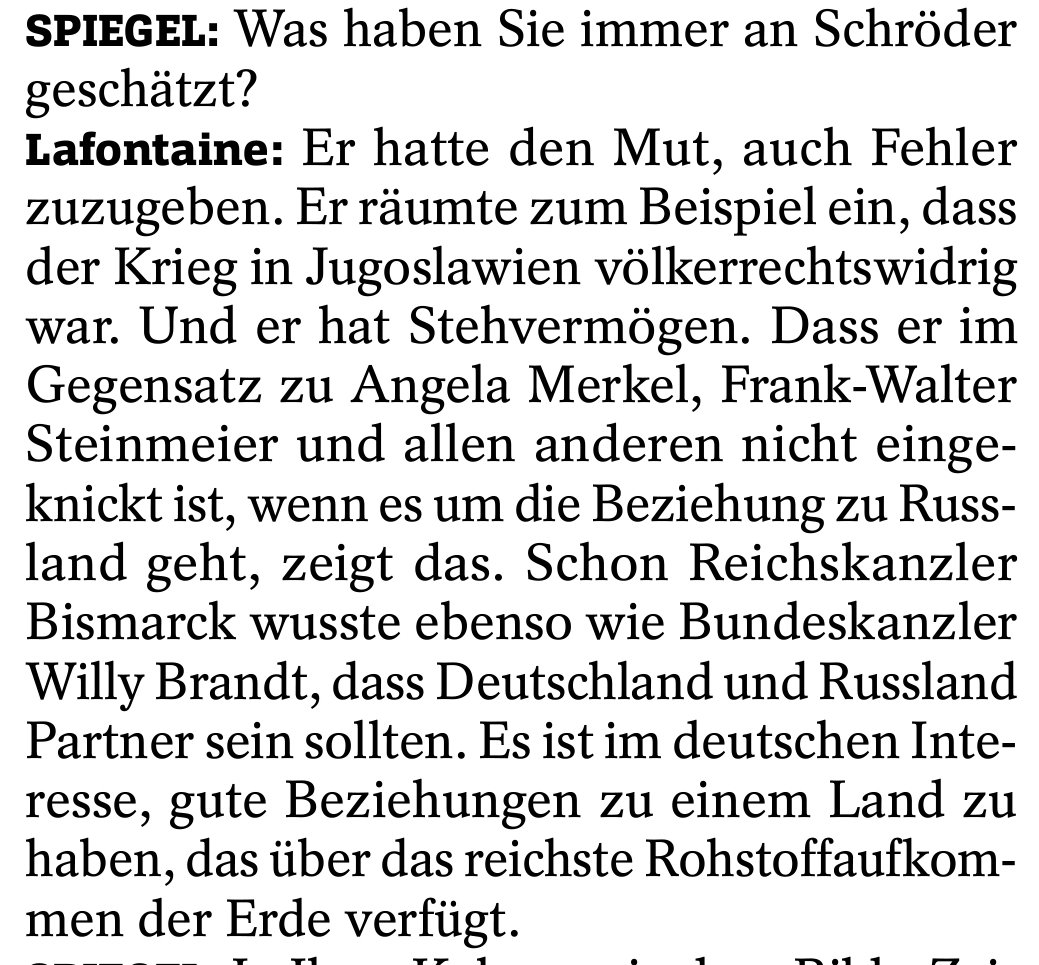 Oskar Lafontaine rechnet es Gerhard Schröder als hoch an, dass er, was die Beziehungen zu Russland angeht, 'nicht eingeknickt ist'. Meint er also in Wahrheit, dass Schröder eingeknickt ist gegenüber Russland?