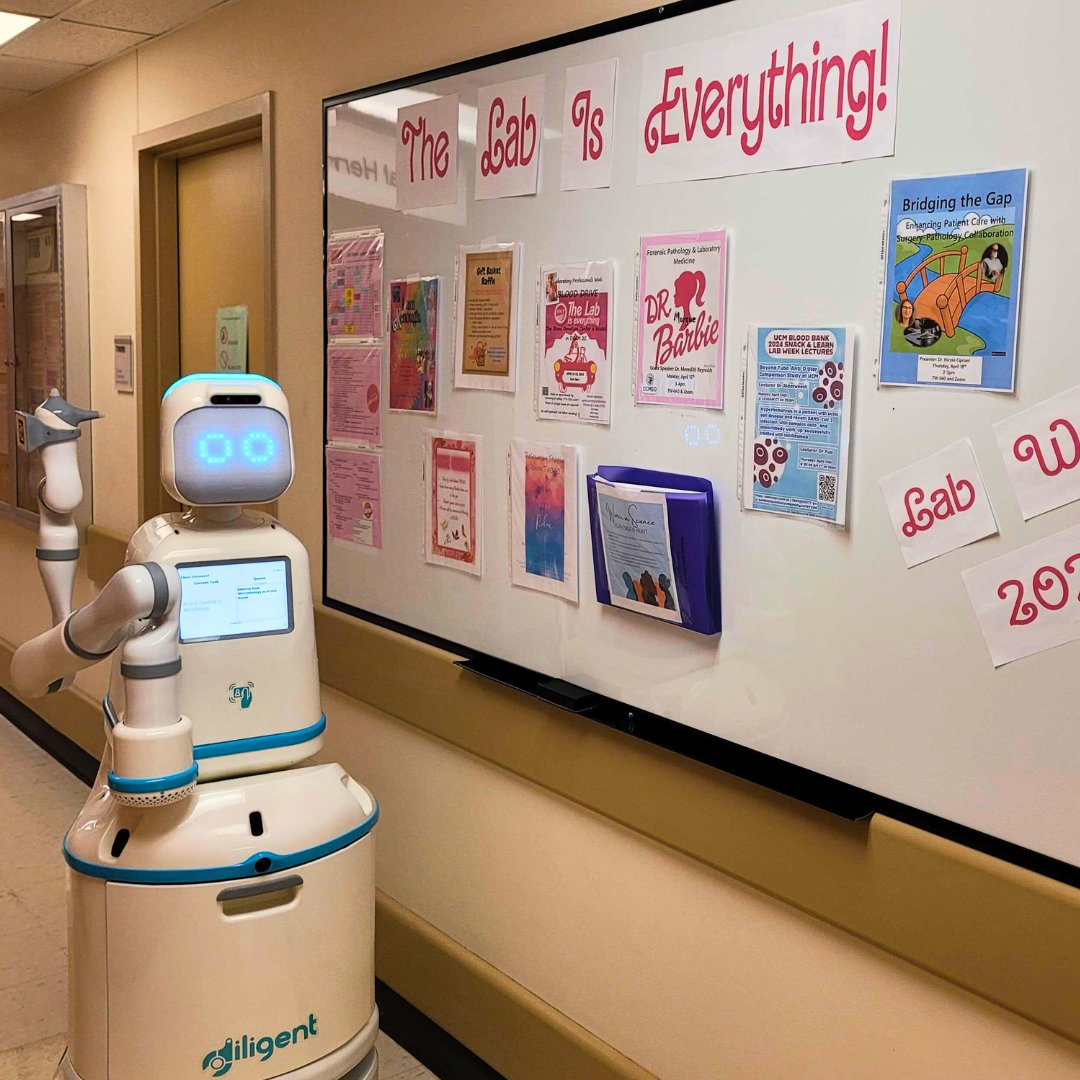 This Laboratory Professionals Week, we celebrate lab professionals’ indispensable contributions to patient care! At @UChicagoMed, Moxi was thrilled to participate in the Lab Week fun including Barbie balloons and a fashion show with a bit of robotic flair. 🤖 #Labweek2024