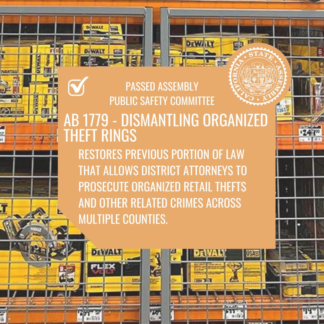 Californians are tired of the effects of organized retail theft. #AB1779 restores authority and efficiency to district attorneys so they can file charges for thefts occurring in multiple counties. #StopORT

drive.google.com/file/d/1mC6SLX…