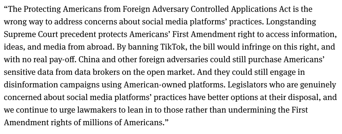 Knight Institute Comments on House Adding #TikTok Bill to Foreign Aid Package. Full statement from @knightcolumbia policy director Nadine Farid Johnson below & here: knightcolumbia.org/content/knight…