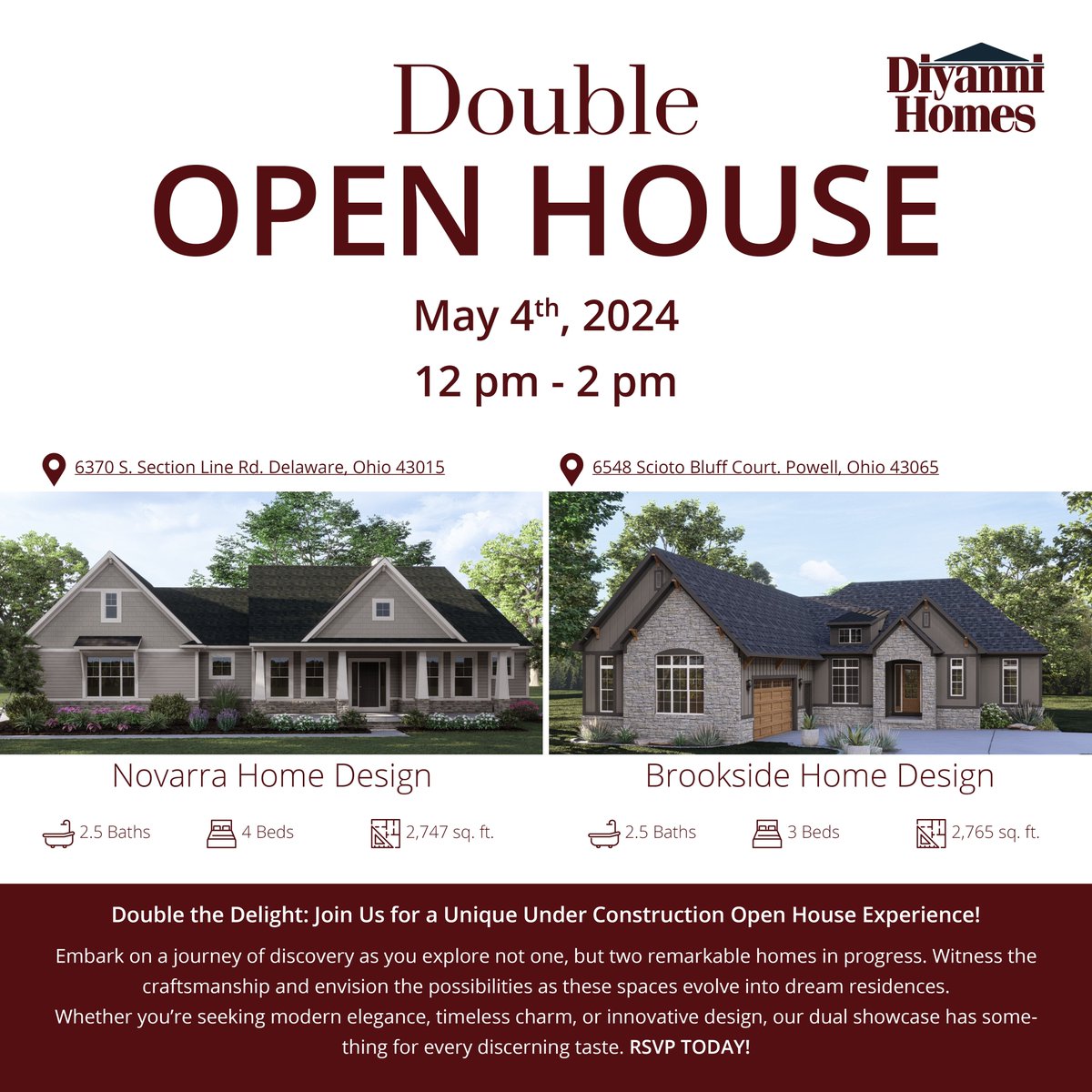 Join us for an exclusive journey of discovery as we unveil not one, but TWO remarkable homes in progress!
RSVP to Explore:
Novarra: Link to RSVP
Brookside: Link to RSVP
#DiyanniHomes #DiyanniDifference #HomeDesign #UnderConstruction #DreamHomes