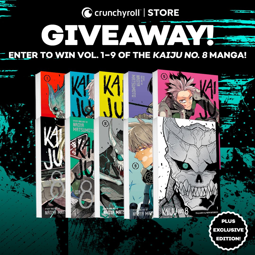 A MONSTROUS giveaway is here! Celebrate the launch of the Kaiju No. 8 anime by entering to win Volumes 1-9 of the manga, PLUS our Exclusive Vol. 1 manga cover variant! 🔥 To enter: ⚠️ Follow @ShopCrunchyroll ⚠️ Retweet this post ⚠️Tag a friend!