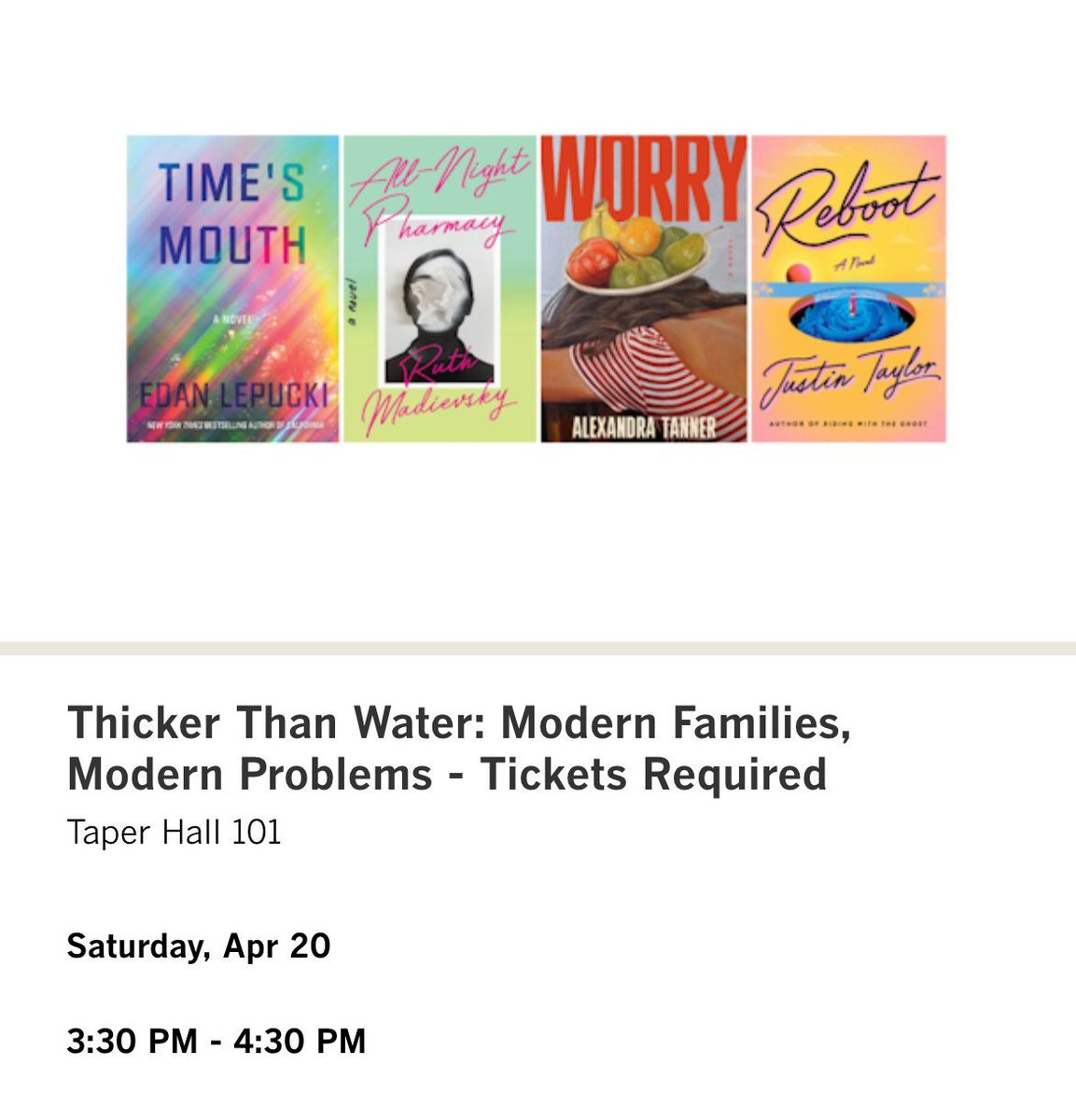 LA! <a href="/alex___tanner/">alex</a> will be at the <a href="/latimesfob/">LA Times Festival of Books</a> this Saturday 4/20 talking about "Modern Families, Modern Problems" with <a href="/ruthmadievsky/">Ruth Madievsky</a>, <a href="/my19thcentury/">Justin Taylor</a>, and Edan Lepucki, moderated by <a href="/scottsoconnor/">Scott O'Connor</a>! Get your tickets here: buff.ly/4aZxuqd