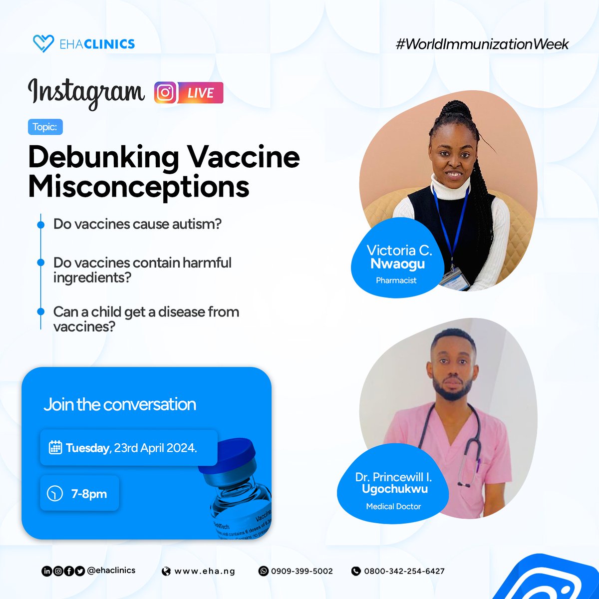 EHAClinics's tweet photo. Unveiling the truth behind vaccines! 💉

Join us for an eye-opening Instagram Live discussion where we tackle the biggest misconceptions surrounding vaccines. 

📅 Tuesday 23rd April
⏰ 7 pm

Don't miss out on this enlightening session! 

#EHAClinics https://t.co/oj93xXX9lc
