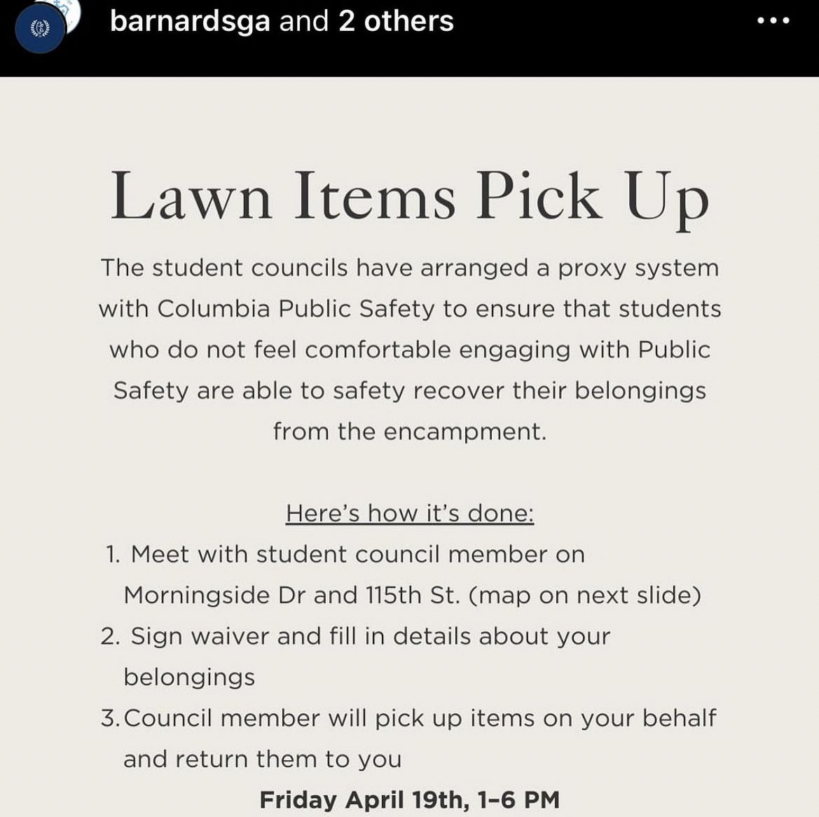 BREAKING NEWS: Columbia University Admin issuing a NEW WAVE OF SUSPENSIONS for anyone that tries to pick up their confiscated belongings from morningside and 115th. Student councils have issued a workaround: please read for more info!!! #cu4palestine