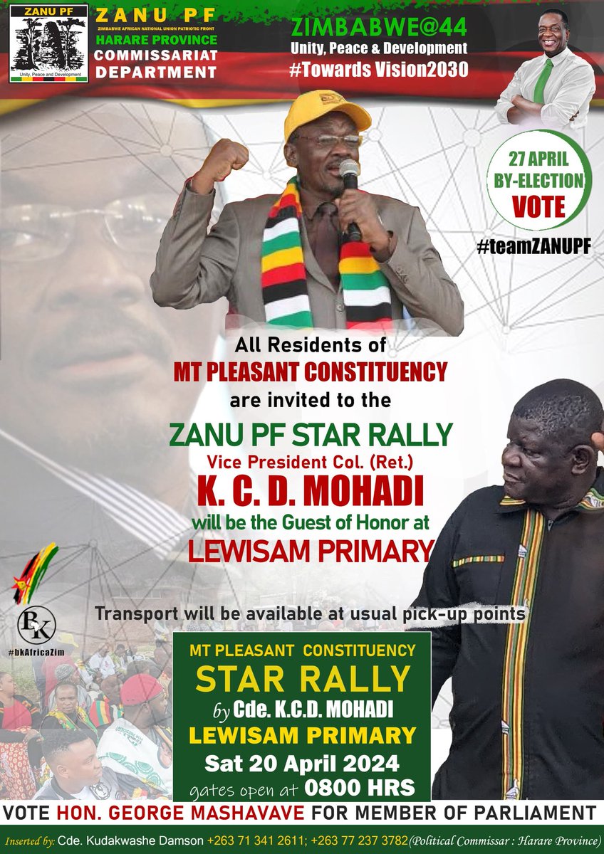 27 April By-Elections ZANU PF STAR Rallies scheduled for tomorrow, Saturday 20 April 2024 #KivenMutimbanyoka4MP #GeorgeMashavave4MP @ZANUPF_Official @zanupf_patriots @Varakashi4ED