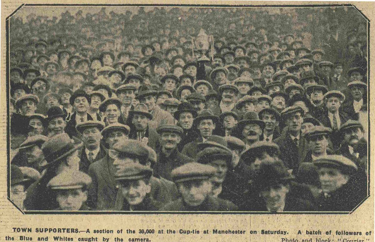 Halifax Town fans at the FA Cup 2nd Round tie at Manchester City, 02/02/1924. Town held the hosts to 2 draws before City won after a second replay at Old Trafford. A combined crowd in excess of 80,000 watched the 3 games. Photo courtesy Halifax Courier. @FCHTOnline