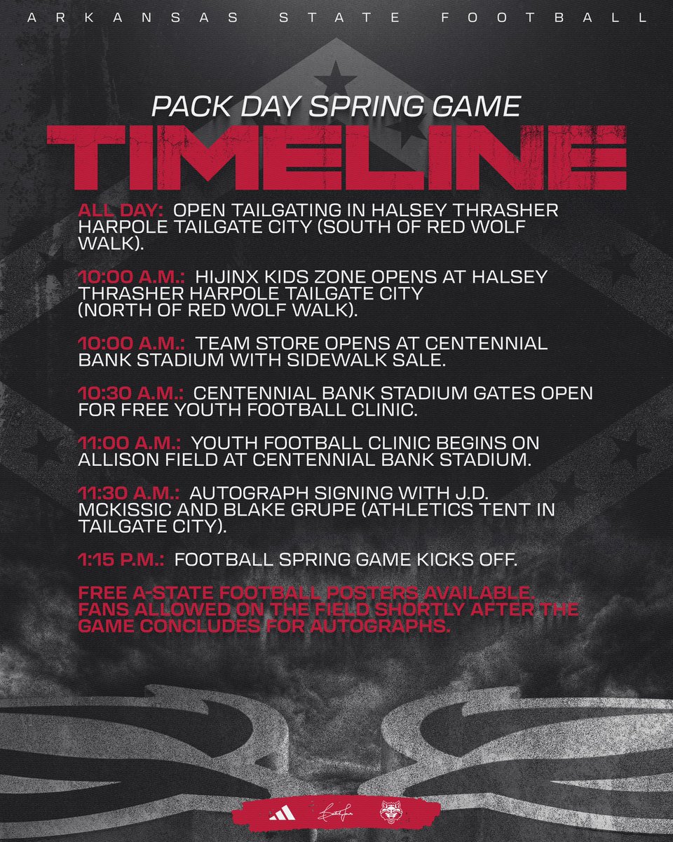 Here is the gameday timeline for tomorrow’s Pack Day Spring Game! See y’all there! #WolvesUp x #ADifferentBreed