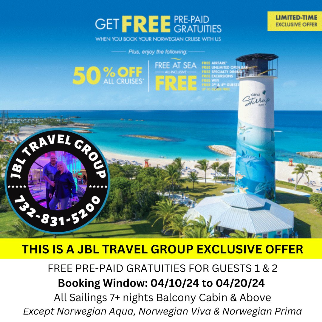 This Special Offer Is Over Tomorrow So Call Us Today And book your 2024 or 2025 cruise before 4/20/24 and get FREE PREPAID GRATUITIES (A $280 Savings On A 7 Night Cruise) plus all of the other Free At Sea Amenities Call the #jbltravelgroup for this exclusive agency offer.