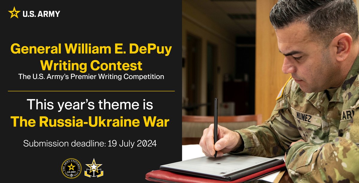 Your voice matters! The DePuy Writing Contest seeks diverse perspectives on the Russia-Ukraine War. What lessons can be learned? Soldiers, strategists, and scholars, we want to hear from you! Details: armyupress.army.mil/DePuy-Writing-… @USArmy @ArmyUniversity @TRADOC @USACGSC