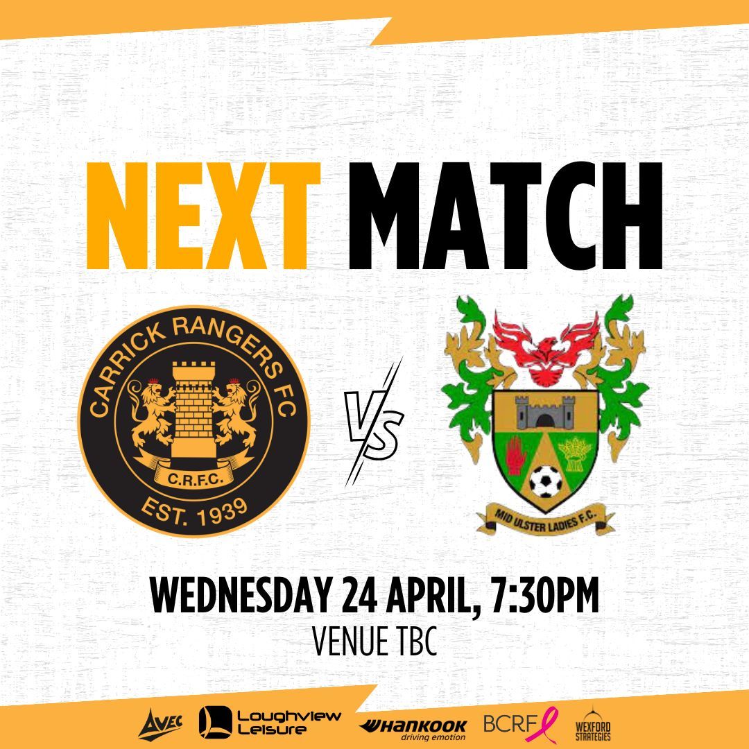 𝙉𝙚𝙭𝙩 𝙈𝙖𝙩𝙘𝙝⚽️

Wednesday 24th April @ 7:30PM
🏟️ Venue TBC
🆚 Mid Ulster Ladies Reserves 
Come down and support the Falcons🦅

#CRFC | #AmberArmy 🟠⚫️