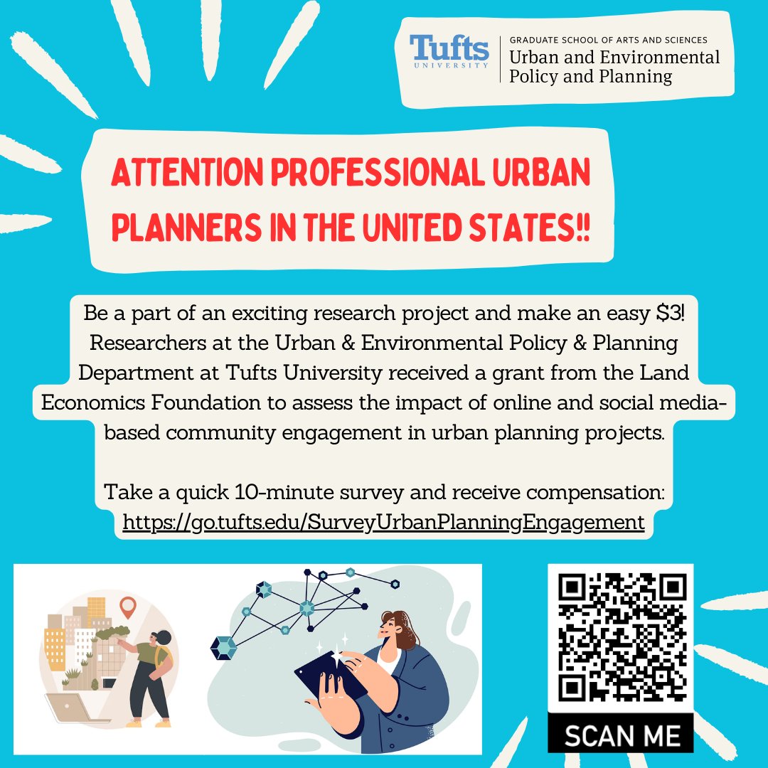 Participate in our survey on Urban Planning Engagement! @TuftsUEP is studying online urban planning engagement and we need your input! $3 gift card for U.S. professional planners: tufts.qualtrics.com/jfe/form/SV_80… #SponsoredPost