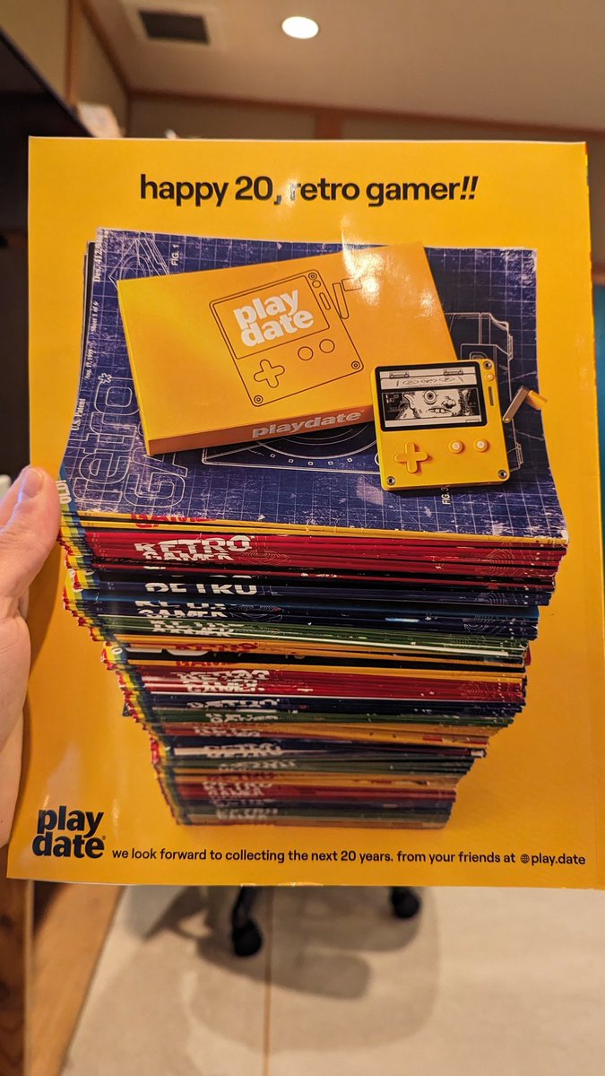 playdate's tweet photo. To help celebrate the 20th anniversary of Retro Gamer magazine (a favorite of ours) we mined the depths of Cabel's basement to photograph a (highly unstable) tower of back issues to make a fun back cover.

Happy 20, Retro Gamer!!

(magazine pic from mark lentz, thx mark) https://t.co/vJWimCcKVy