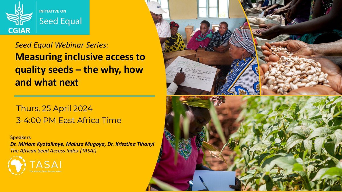 #CGIAR's #SeedEqual Initiative & #TASAI developed and pilot-tested a set of #indicators that could measure inclusive access to seed, primarily for #women and #youth. Join the upcoming webinar to discuss and introduce the findings.

#SeedEqual #CGIAR #SDG5
buff.ly/3xQ1o1G