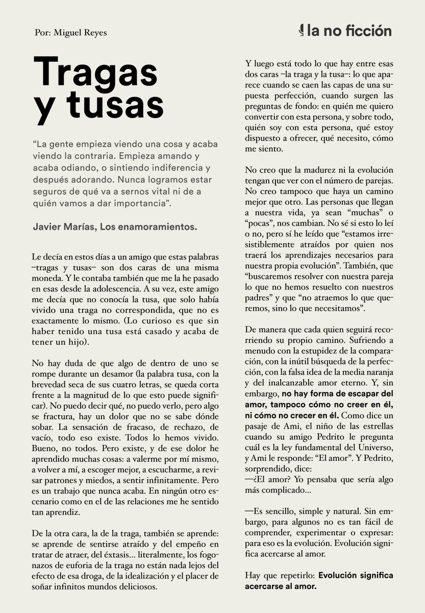 Hoy, en nuestro newsletter: Detrás del micrófono, @miguelreyesg23 escribió sobre las dos caras de una misma moneda: las tragas y las tusas. Recuerden que pueden suscribirse y leernos cada quince días. Regístrense aquí: lanoficcion.com/newsletter (es chévere y gratis🥸).