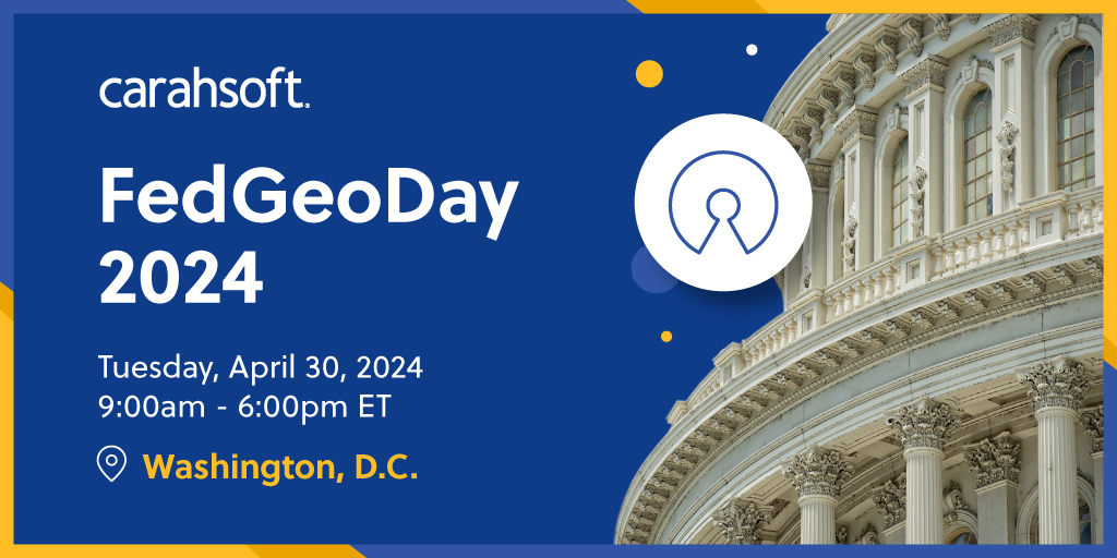 Carahsoft's tweet image. What are the latest trends and innovations in #geospatialtechnology and how will they impact the future? Find out on 4/30 during FedGeoDay, an interactive and immersive experience you won’t want to miss: carah.io/f651ac