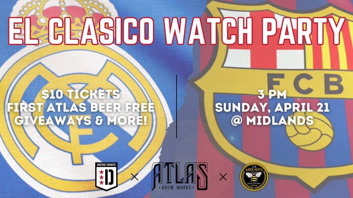 One of the biggest rivalries in soccer is back this Sunday! ⚽️ Join us to watch El Clasico on Sunday at @TheMidlandsdc in Petworth. $10 gets you your first @Atlasbrewworks beer, and proceeds go towards supporting @DCSCORES' local poet-athletes. Tix 👉 bit.ly/3UcH3wy