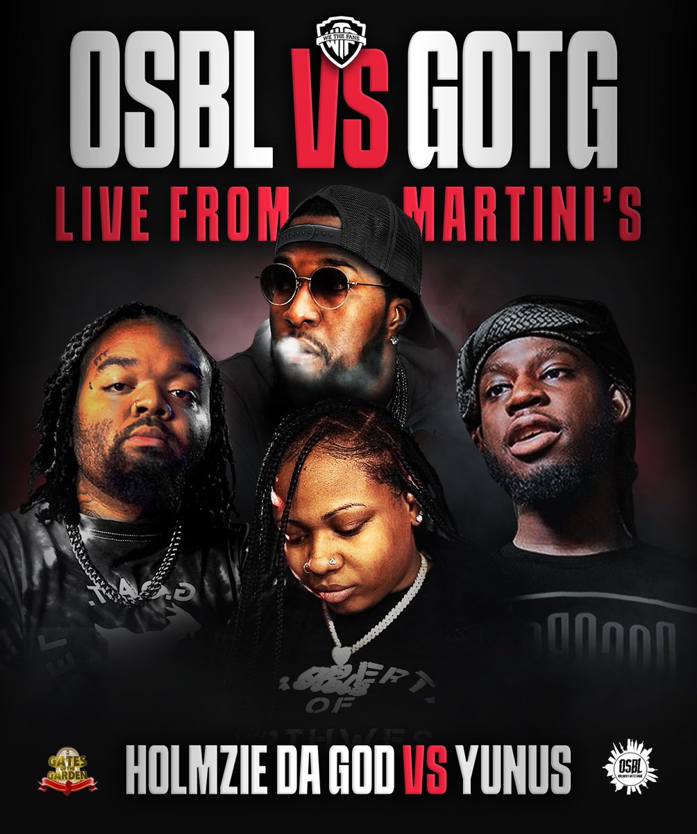 We The Fans is proud to partner with @____Kelz____ and @iAmDreDennis to bring you a VERY FIRE matchup:

@Holmzie777 vs @itsjustyunus 

#OSBLvsGOTG LIVE FROM MARTINI’S 

See you May 18th! 

#OSBL #GOTG #WeTheFans