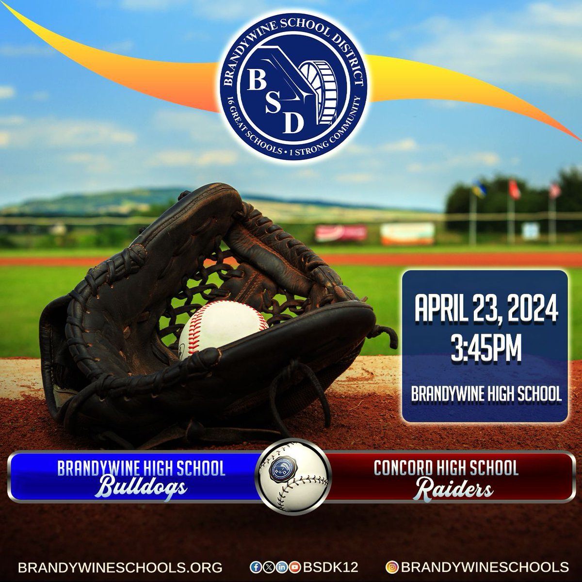 Don’t miss out on the action as Brandywine High School faces Concord High School in an exciting baseball game! Whether you're a Bulldog or a Raider, it’s sure to be a game you won’t want to miss! The game begins at 3:45 pm, Tuesday, April 23 at Brandywine High School. #Proud2bBSD